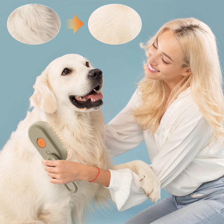 3-in-1 Dog Brush:  Spray, Hair Removal, and Steam Cleaning.